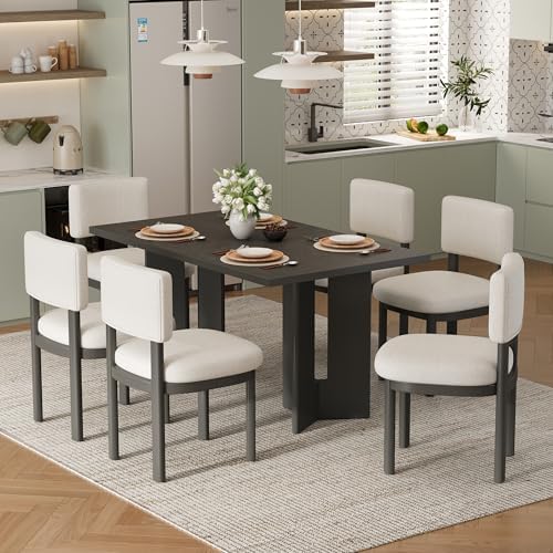 VilroCaz 7-Piece Farmhouse Wood Dining Set, 60" Rectangular Dining Table and with 6 Upholstered Chairs for Dining Room, Kitchen and Living Room, Cutout Table Legs (Gray-27K) - Image 2