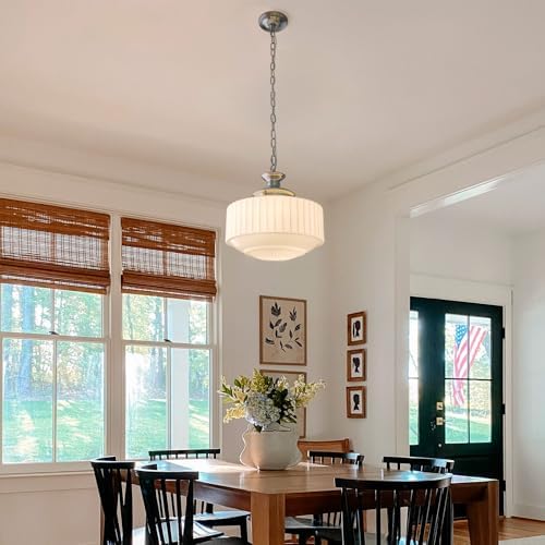 Vintage Milk Glass Pendant Lights, 13.8" White Pleated Glass Chandelier, Schoolhouse Antique Pendant Lights, for Kitchen Island Lighting, Hallway, Bedroom, Dining Room, Foyer, E26 Bulb Included - Image 4