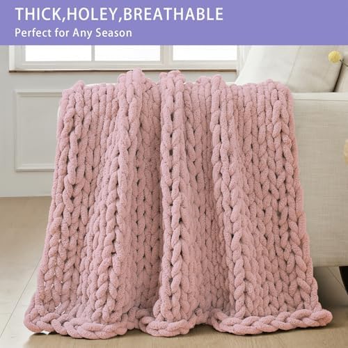 Bigacogo Chunky Knit Throw Blanket for Couch, 60x80 inches, Dusty Pink - Image 4