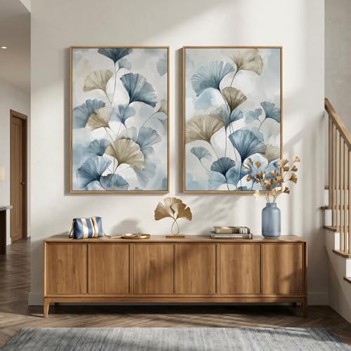 Large Framed Blue Neutral Botanical Ginkgo Wall Art Set of 2, 24x36 Inch - Image 4