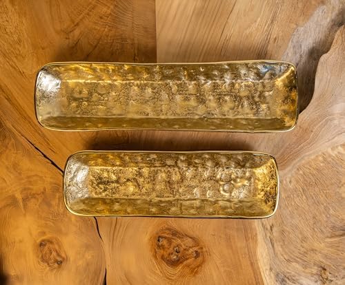 Set of 2 Hand-Hammered Gold Aluminum Trays – 18" & 14" Long Decorative Metal Serving Platters – Luxe Narrow Centerpiece Bowls for Console, Vanity, or Holiday Table – Modern Rustic Décor by Unknown