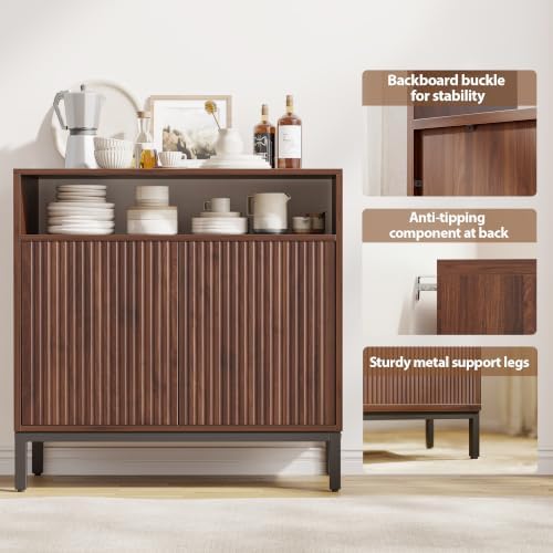 Mericonia 30 Inch Fluted Buffet Cabinet with Open Storage, Modern Sideboard with Doors & Adjustable Shelf, Accent Credenza Coffee Bar for Kitchen, Dining Room, Living Room, Entryway - Image 4