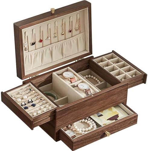 CHOSIN Black Walnut Wooden Jewelry Box for Women, 3 Level Multi-functional Drawer Organizer Box Watch Necklace Ring Earring Storage, Ideal Gift for Her by CHOSIN