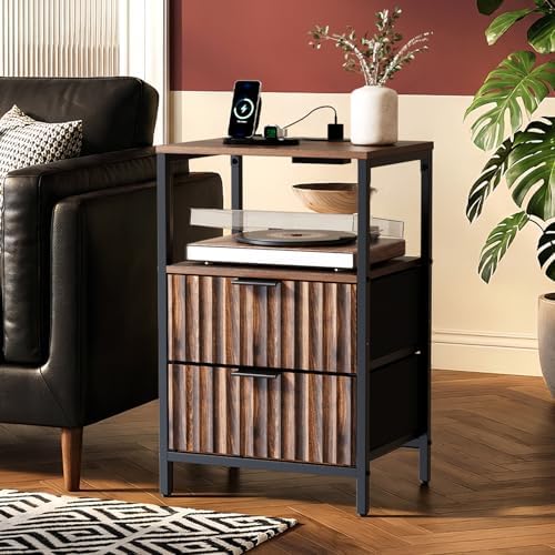 VINGLI Walnut Nightstand with Charging Station and Fabric Drawers, Fluted Nightstand with Drawers, Bedside Table/End Table with Charger Station, Side Table Bedroom, Small Night Stand Dark Walnut - Image 3