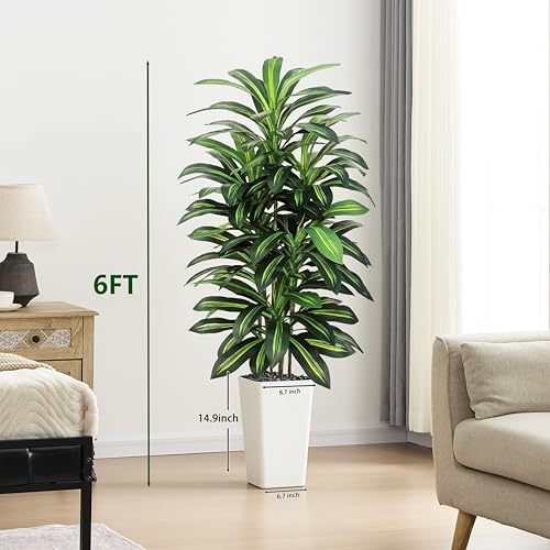Artificial Dracaena Tree Indoor, 6FT Tall Fake Floor Plants with White Planter & Pebbles, Faux Silk Yucca Tree for Home Office Living Room Bedroom Farmhouse Modern Outdoor Topiary Tree - Image 4