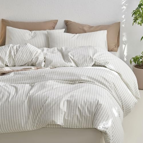 MooMee Striped Duvet Cover Set 100% Washed Cotton Linen Like Full - Image 5