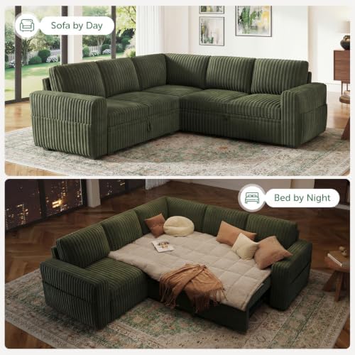 HONBAY Modular Sectional Sleeper Sofa with Pull Out Bed,Corduroy L Shaped Couch with Storage, Sectional Couches for Living Room,Green - Image 4