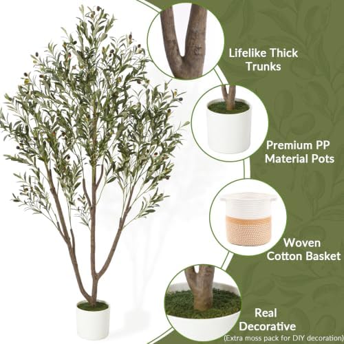Olive Trees Artificial Indoor, 6FT Tall Faux Olive Tree with Planter & Basket, Artificial Plants with Natural Wood Trunk and Lifelike Fruits for Home Office Decor - Image 2