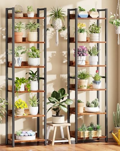 Furologee Book Shelf Set of 2, 6 Tier Tall Shelf with Drawer, Bookshelves and Bookcases Set of 2, Industrial Display Shelving Unit for Bedroom, Living Room, Home Office, Rustic Brown - Image 7
