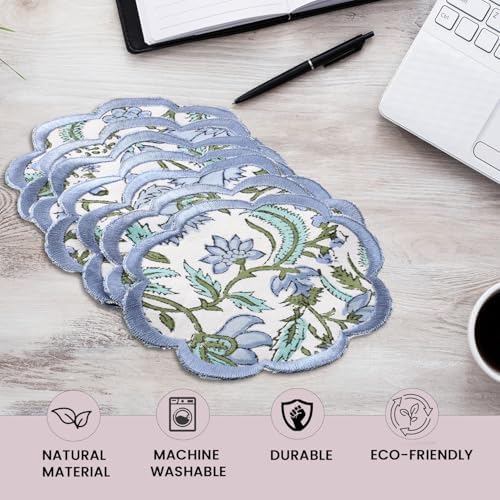 Ridhi 8-Pcs 100% Cotton Hand Block Print Drink Coasters 5" in Columbia Blue - Image 4