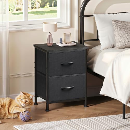 WLIVE Black Night Stand, Small Dresser with 2 Drawers & Wooden Top, Nightstand with Fabric Bins, Bedside Table End Table for Bedroom, Closet, Entryway, College Dorm, Charcoal Black - Image 2