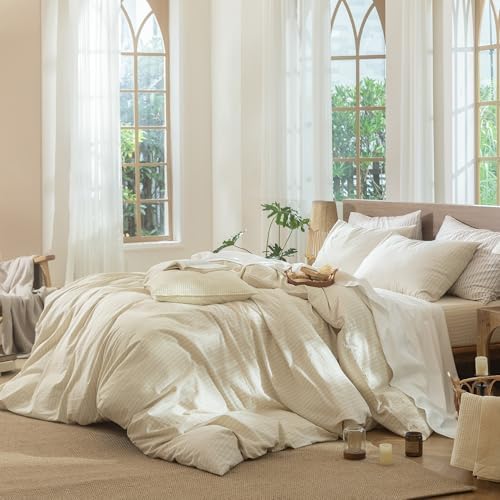 MooMee Striped Duvet Cover Set 100% Washed Cotton Linen Like Full - Image 3