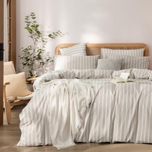 BESTOUCH Striped Cotton Duvet Cover Set Linen Feel Super Queen by BESTOUCH