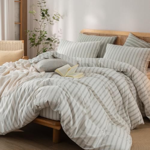 BESTOUCH Striped Cotton Duvet Cover Set Linen Feel Oversized Queen - Image 5
