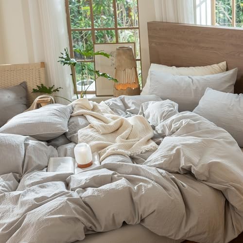 MooMee Wavy Striped Duvet Cover Set 100% Washed Cotton Linen Like Textured Breathable Durable Soft Comfy (Light Grey, Cal King 104"x98") - Image 5