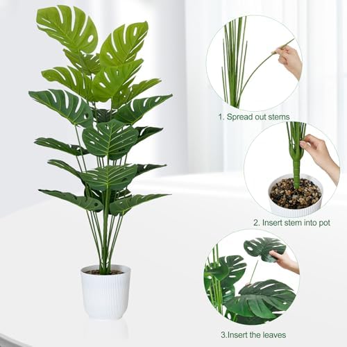 SAJANDAS Set of 2 Artificial Monstera Deliciosa Plants in Pots, Fake Tropical Trees with Greenery Leaves Stems, 45 Inch Faux Swiss Cheese Floor Plants for Porch, Garden, Office, Store, Home Decor - Image 4