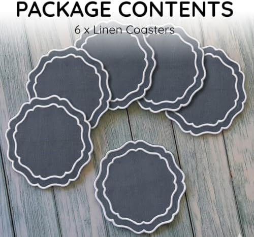 Linen Coasters for Drinks, Set of 6, 4.5 inch, Charcoal - Image 2