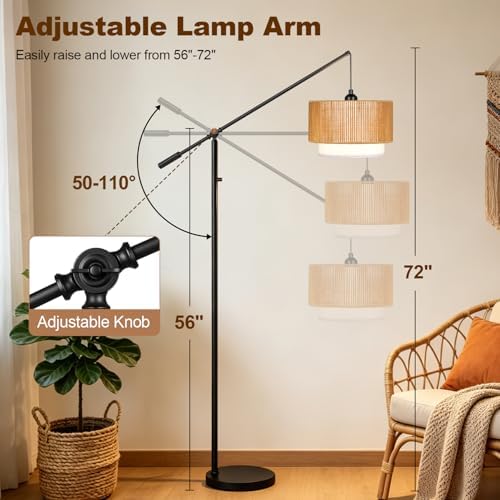 【Upgraded】Boho Dimmable Floor Lamps with Adjustable Swing Arm, 1100 Lumens Bulb Included, Modern Standing Lamp with Rattan & Fabric Shades, Farmhouse Tall Arc Floor Lamp for Living Room Bedroom, Black - Image 4