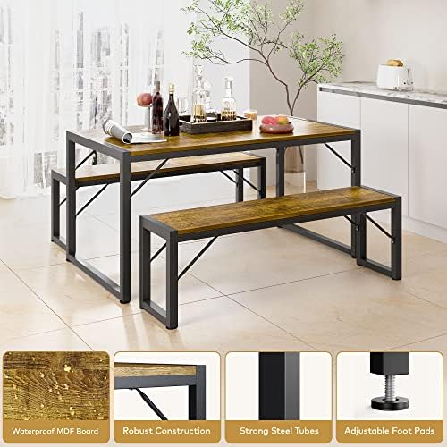 Gizoon 45.5" Dining Table Set for 4, Kitchen Table with 2 Benches Retro - Image 5