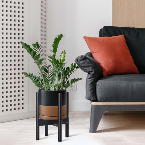 D'vine Dev Ceramic Pot with Ebony Wood Stand, Black/Tan, 8 in, 55-B-M-7 - Image 4