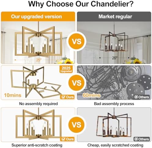 25"-61" Height Adjustable Modern Brass Chandelier for Dining Room, No Assembly Required Brass Dining Room Light Fixture Over Table, Industrial Metal Pendant Lights Fixture for Kitchen Island - Image 2