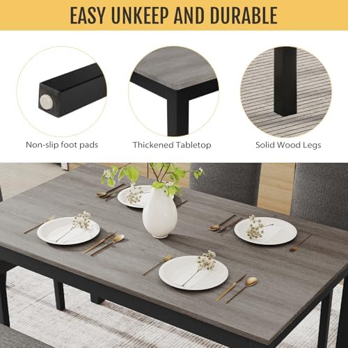 Zevemomo 6-Piece Solid Wood Dining Table Set, Wooden Legs, Dark Grey - Image 3