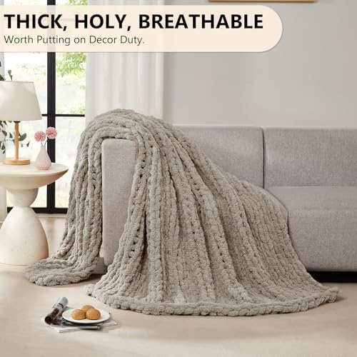 L'AGRATY Chunky Knit Throw Blanket for Couch, 50 x 60 Inches, Light Linen - Image 5