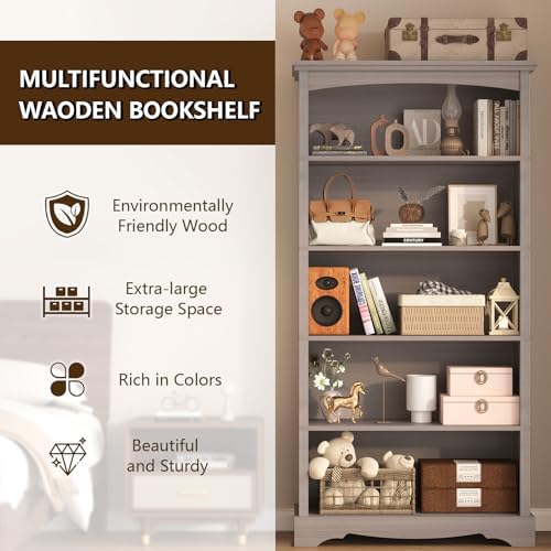 TVU 5-Tier Wooden Bookshelf, 65 Inch Tall Bookshelf with Storage, Floor Standing Modern Style Display Bookcase for Living Room, Office, Study Room, Entryway, Grey - Image 3