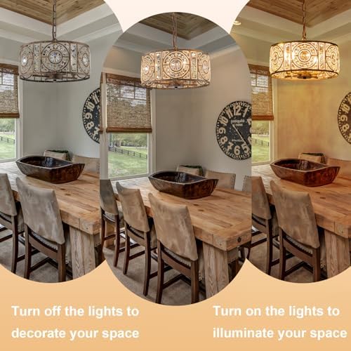 Bronze Vintage Crystal Chandeliers for Dining Room 14.17" Drum Pendant Lights, Dining Room Light Fixtures Over Table, Hanging Chandelier for High Ceiling Kitchen Island Living Room Foyer - Image 5