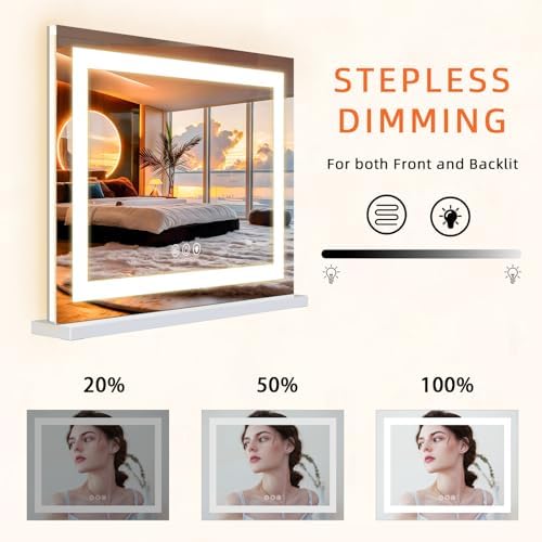 FENCHILIN Vanity Mirror with Lights, 22" x 19" Backlit + Front Lit Hollywood Makeup Mirror LED Strip with 3 Colors Modes Smart Touch for Dressing Room & Bedroom White - Image 3