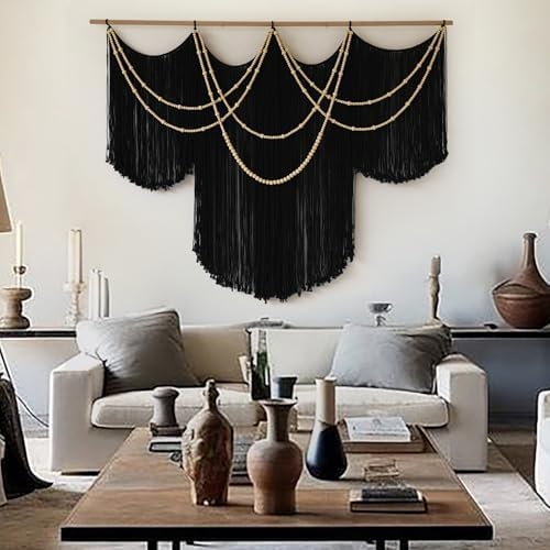 Macrame Wall Hanging Black Yarn Tapestry Boho Fiber Art Decor 57"W*43"L - Image 4