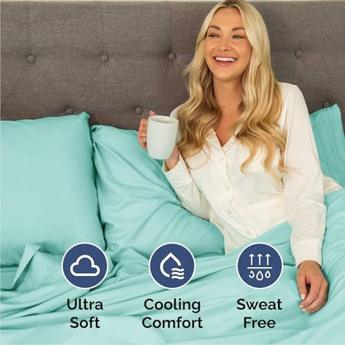 Queen Size 4 Piece Sheet Set - Comfy Breathable & Cooling Sheets - Spa Blue - Image 4