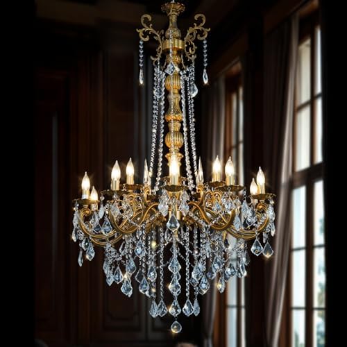 Gold Crystal Chandelier, Antique Gold Candle Chandelier High Ceiling H54" by Akeelighting