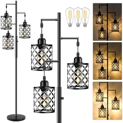 72" Industrial Tree Floor Lamp, Dimmable Farmhouse Tall Standing Lamp with Quatrefoil Cutout Shades & Rotary Dimmer, Corner Lighting for Living Room Bedroom, 3 x 800LM Bulbs Included -Black by GHOOCEMLUX