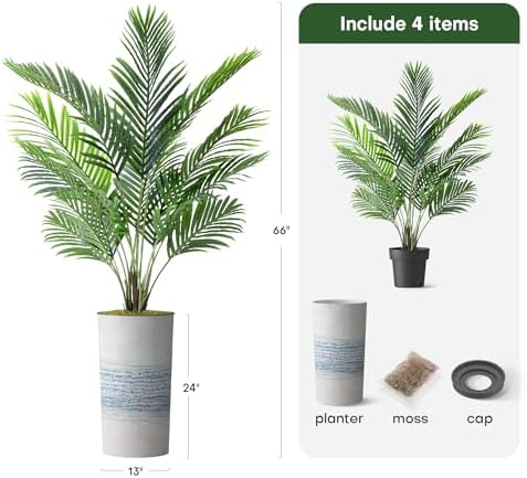 Artificial Tree in Blue Gray Industrial Line Pattern Planter, Fake Areca Tropical Palm Silk Tree for Indoor and Outdoor Home Decoration - 66" Overall Tall (Plant Pot Plus Tree) - Image 3