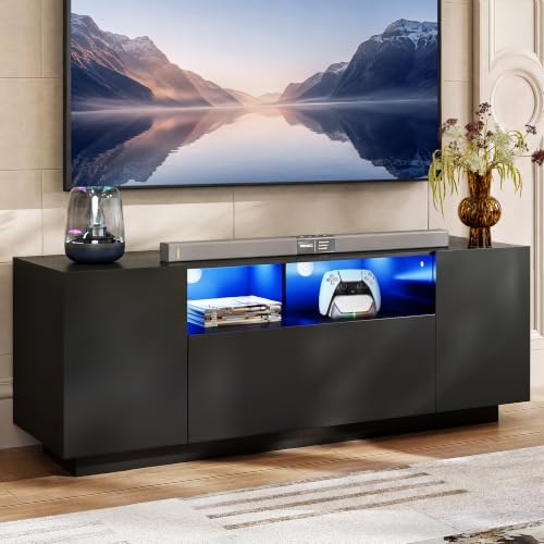 WLIVE TV Stand with LED Lights & Large Storage Cabinet, Modern Entertainment Center for 32/43/50/55 Inchs TVs, Sturdy Media Console for Living Room, Bedroom,Gaming(Black) by WLIVE