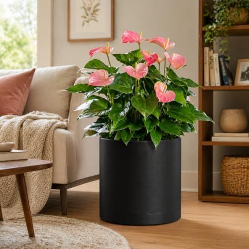 Giraffe Creation 14 Inch Cylinder Plant Pot, Modern Round Planter with Drainage Holes and Saucer, Durable Plastic Flower Pot for Indoor Outdoor Plants, Black - Image 2