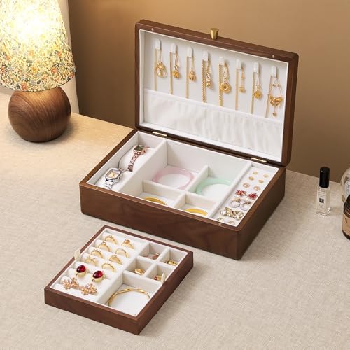 Black Walnut Wooden Jewelry Box, 2 Layer Large Necklace Organizer for Women by Vwixkuxx