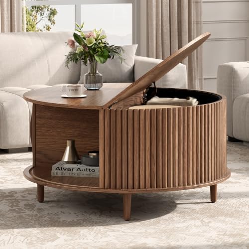 JOINICE 31.5" Round Coffee Table with Storage for Living Room, Walnut by Joinice
