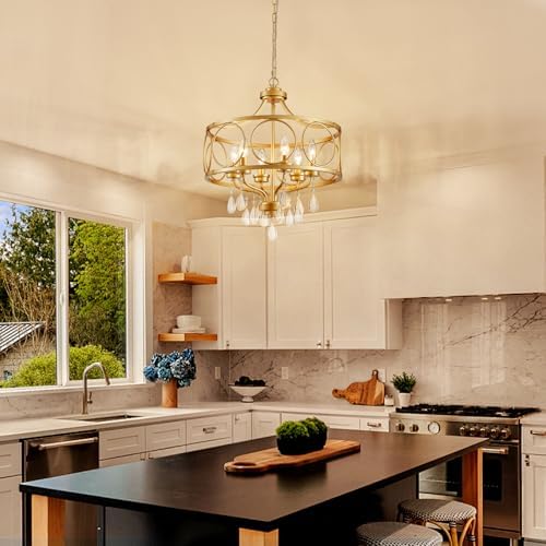 6-Light Modern Gold Crystal Chandelier, 17.7" Farmhouse Ceiling Light Fixture, Hanging Metal Pendant Lights Kitchen Island Dining Room Entryway Foyer - Image 2