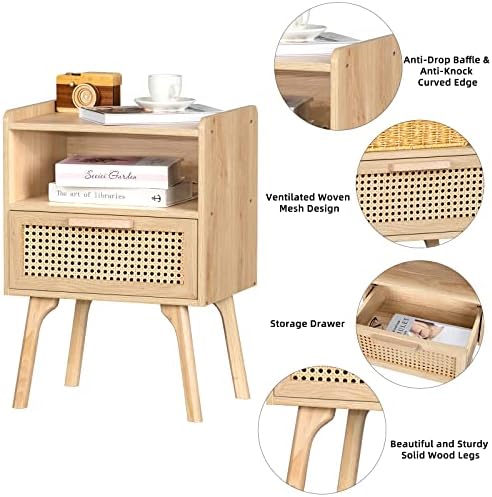Lerliuo Rattan Nightstand, Boho Side Table with Drawer Open Shelf - Image 6