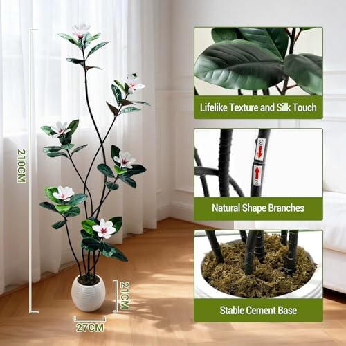 7FT Tall Lifelike Artificial Magnolia Tree with 6 Pcs Magnolia Flowers in White Planter Pot, Rubber Tree Faux Plants Indoor Artificial Plants & Flowers for Home Office Living Room Decor - Image 2