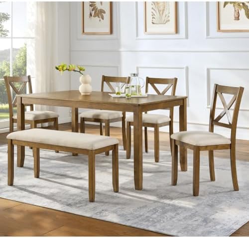 Harper & Bright Designs Complete 6-Piece Oak Dining Set –58.5" Rectangular Table + 4 X-Back Chairs + Upholstered Bench,Solid Rubberwood Frame,Farmhouse Style,Seats 6 by HarperBrightDesigns