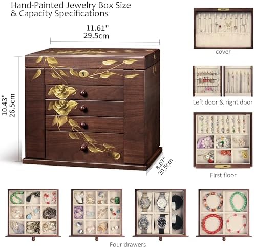 Hand-Painted Rose Wood Jewelry Box, 8-Layer Lockable Vintage Organizer - Image 5