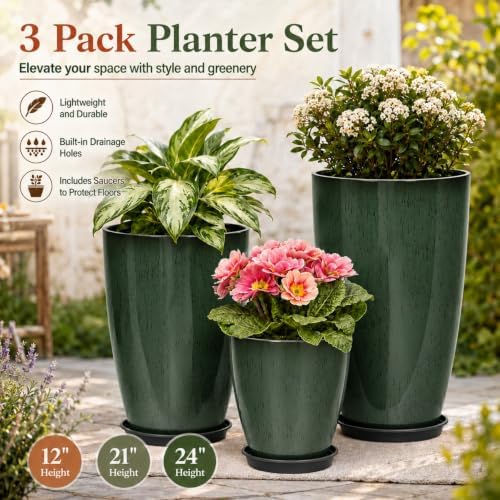 Neoaider Set of 3 Tall Planter, 24/21/12in Large Plastic Planter, DarkGreen - Image 2