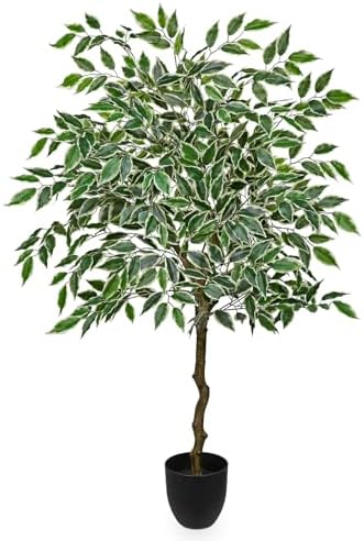4Ft Ficus Tree Artificial Plants Indoor with Realistic Trunk, Tall Fake Potted Tree Faux Floor Plant, Artificial Tree in Pot for Home Living Room Office Bedroom Corner Decor(Green White) by GnFlus