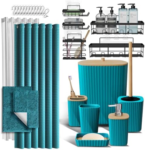 Clara Clark Bathroom Accessories Set - 27PC Bathroom Set with Adhesive Corner Shower Caddy Hanging, Bathroom Sets with Shower Curtain and Rugs, Teal Shower Curtain Set with Bathroom Trash Can by ClaraClark