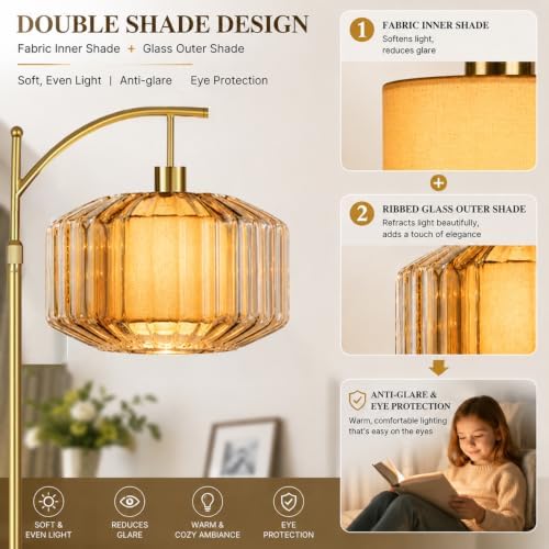 QIYIZM Glass Floor Lamp for Living Room,Bedroom,Gold Standing Lamp with Remote Dimmable,Arc Mid Century Modern Vintage Tall Lamp Brass Boho Floor Lamps Stained Retro Floor Light Lamp Bohemian - Image 4