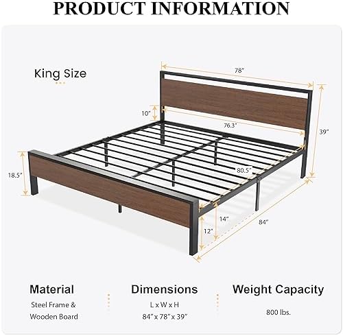SHA CERLIN 14 Inch King Size Metal Platform Bed Frame with Wooden Headboard and Footboard, Mattress Foundation, No Box Spring Needed, Large Under Bed Storage, Walnut - Image 2