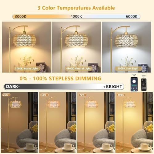 Gold Floor Lamp for Living Room with 3 Color Temperatures,Arc Boho Floor Lamps with Remote Control, Rattan Standing Lamp with Wicker Lamp Shades Dimmable Tall Floor Lamp For Bedroom Living Room Corner - Image 2